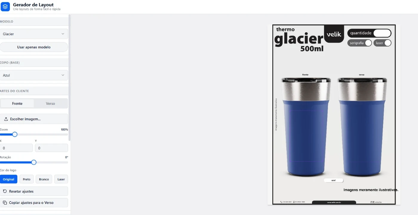 Gerador de Layout da Velik com o copo Glacier e o logo do cliente aplicado